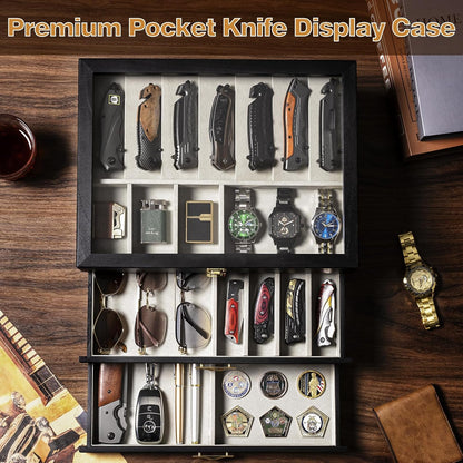 Pocket Knife Display Case for Collection of 18-24 Folding Knives, Pocket Case with Real Glass Window Top, Two-Tier Knife Organizer Storage Box, Men's Gift (Walnut)