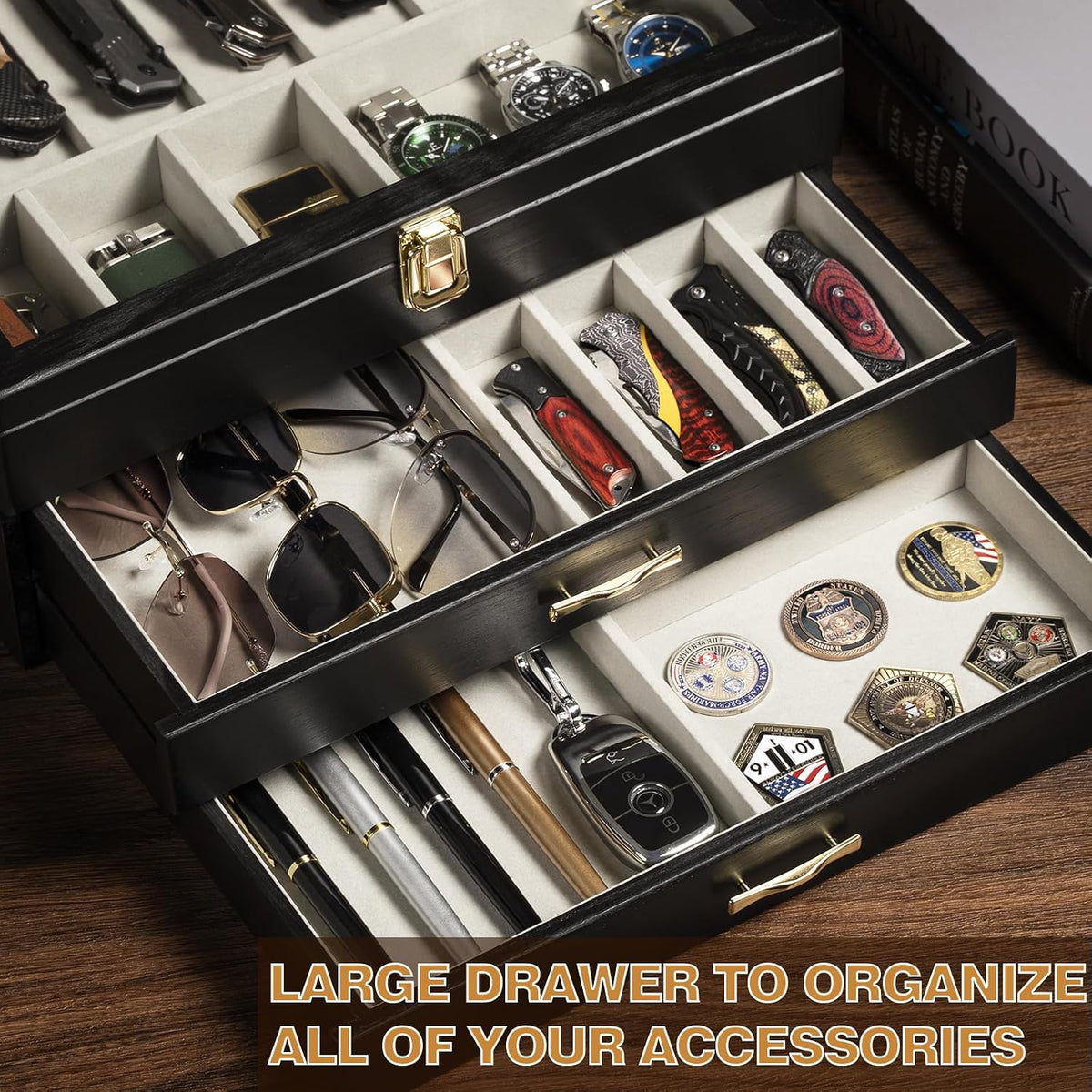 Pocket Knife Display Case for Collection of 18-24 Folding Knives, Pocket Case with Real Glass Window Top, Two-Tier Knife Organizer Storage Box, Men's Gift (Walnut)