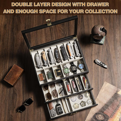 Pocket Knife Display Case for Collection of 18-24 Folding Knives, Pocket Case with Real Glass Window Top, Two-Tier Knife Organizer Storage Box, Men's Gift (Walnut)