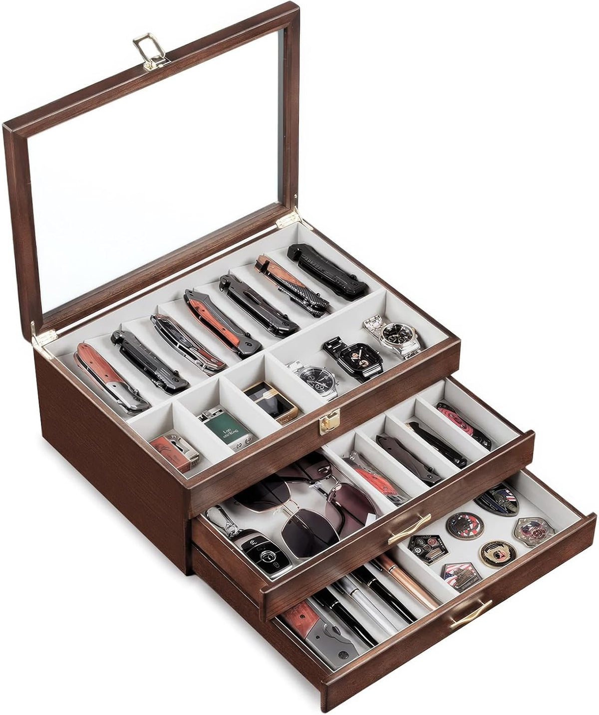 Pocket Knife Display Case for Collection of 18-24 Folding Knives, Pocket Case with Real Glass Window Top, Two-Tier Knife Organizer Storage Box, Men's Gift (Walnut)