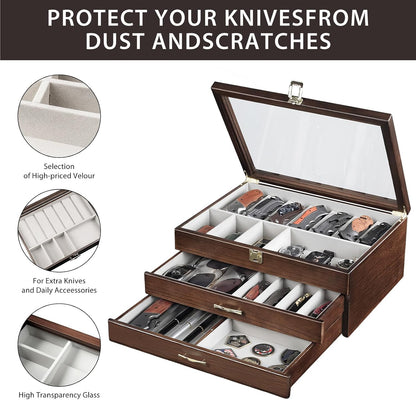 Pocket Knife Display Case for Collection of 18-24 Folding Knives, Pocket Case with Real Glass Window Top, Two-Tier Knife Organizer Storage Box, Men's Gift (Walnut)