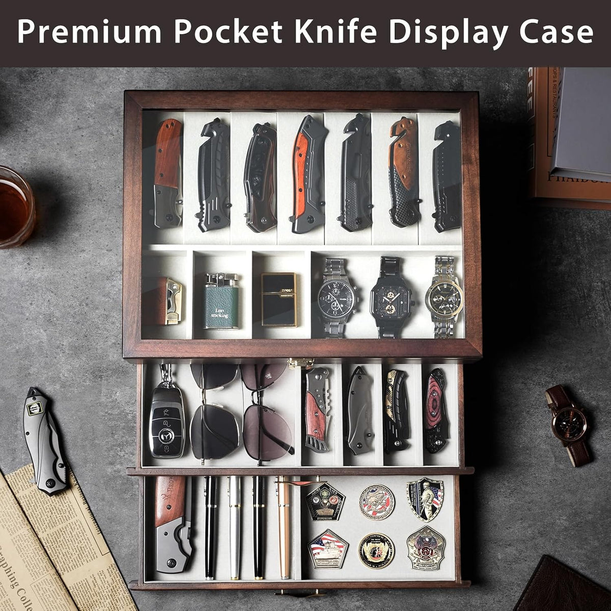 Pocket Knife Display Case for Collection of 18-24 Folding Knives, Pocket Case with Real Glass Window Top, Two-Tier Knife Organizer Storage Box, Men's Gift (Walnut)