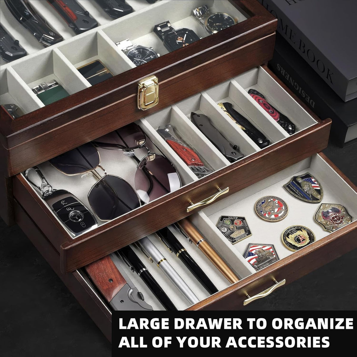 Pocket Knife Display Case for Collection of 18-24 Folding Knives, Pocket Case with Real Glass Window Top, Two-Tier Knife Organizer Storage Box, Men's Gift (Walnut)