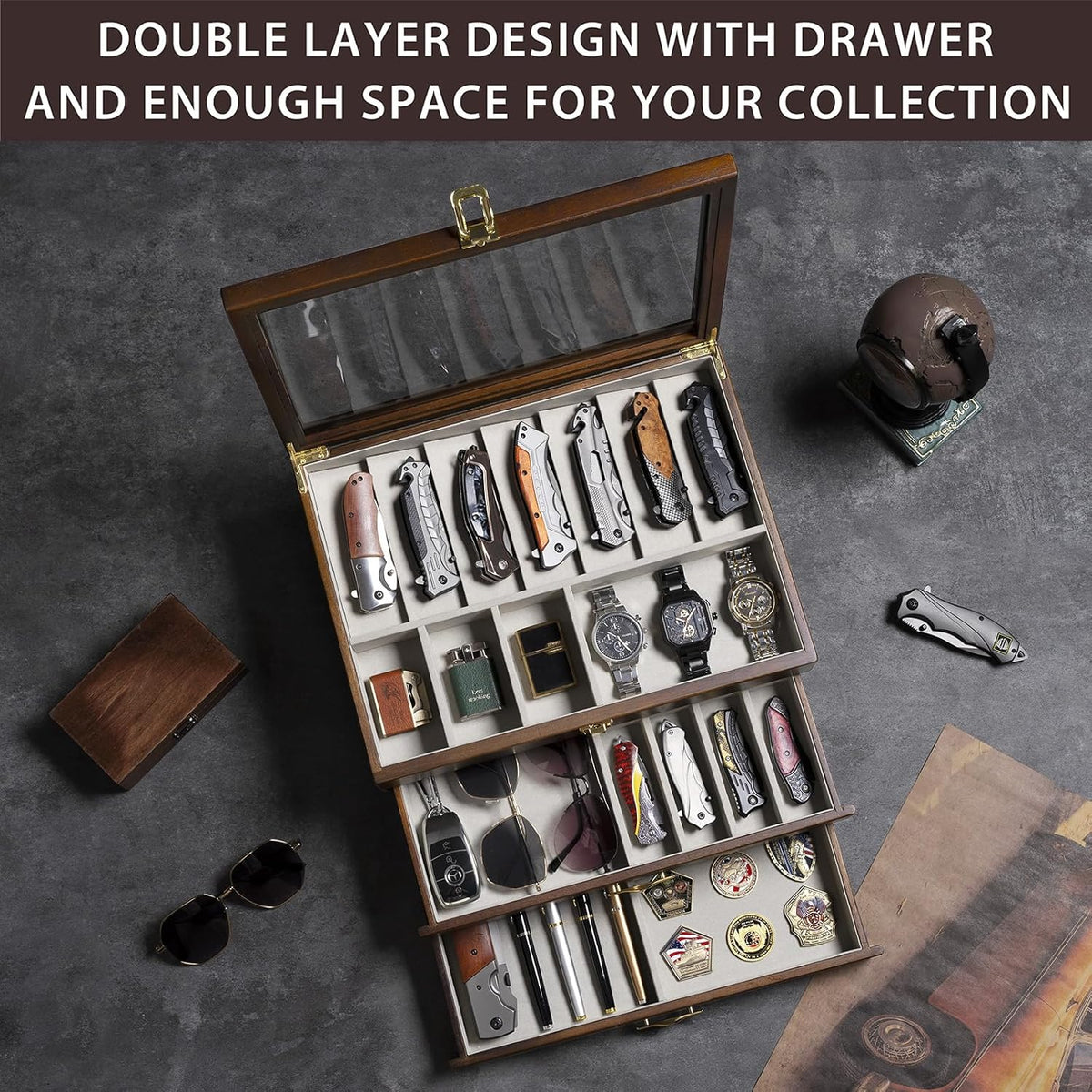 Pocket Knife Display Case for Collection of 18-24 Folding Knives, Pocket Case with Real Glass Window Top, Two-Tier Knife Organizer Storage Box, Men's Gift (Walnut)