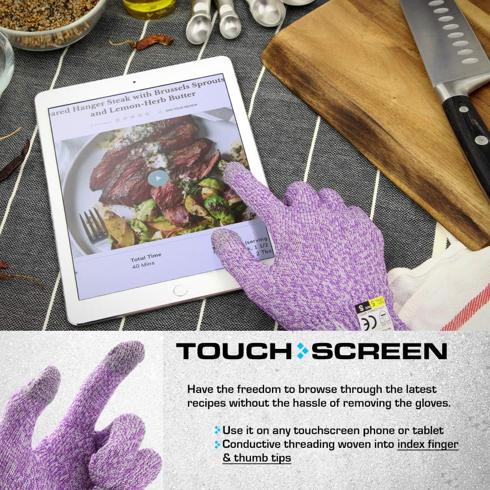 Ultra Durable Series Cut Resistant Gloves - Cutting Gloves for Chefs, BBQ and Cooking - Level 5 Protection, Food Grade Safe Cut - Purple, Large Size
