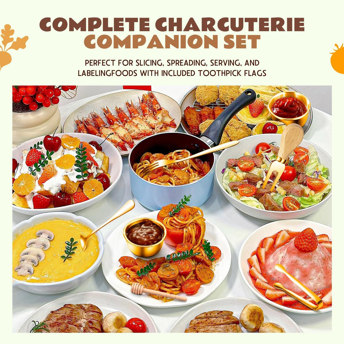 169 Pcs Charcuterie Boards Accessories Gold Charcuterie Utensils Cheese Butter Spreader Knife Set Small Serving Tongs Forks and Spoons Dipping Bowls Honey Dipper Toothpick Flags Cocktail Picks
