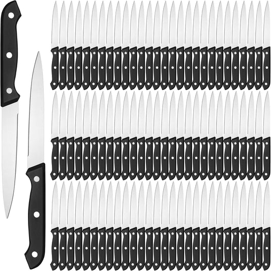 100 Pcs 8.78 Inches Stainless Steel Steak Knives Set Pointed Tip Plastic Handle Kitchen Steak Knife for Restaurant Tableware Camping Wedding Party, Black