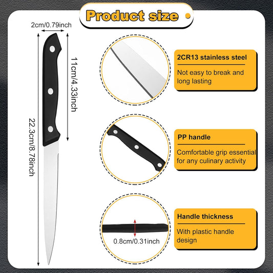 100 Pcs 8.78 Inches Stainless Steel Steak Knives Set Pointed Tip Plastic Handle Kitchen Steak Knife for Restaurant Tableware Camping Wedding Party, Black