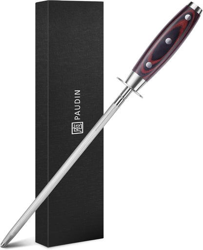 Honing Rod, Knife Sharpener Rod 10 inch, Professional Kitchen Knife Sharpener, High Carbon Knife Sharpening Steel with Ergonomic Pakkawood Handle, Honing Steel for All Chef Knives