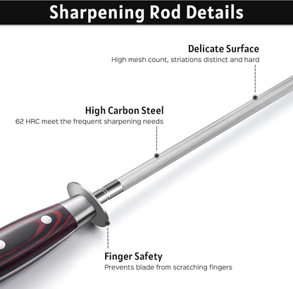 Honing Rod, Knife Sharpener Rod 10 inch, Professional Kitchen Knife Sharpener, High Carbon Knife Sharpening Steel with Ergonomic Pakkawood Handle, Honing Steel for All Chef Knives