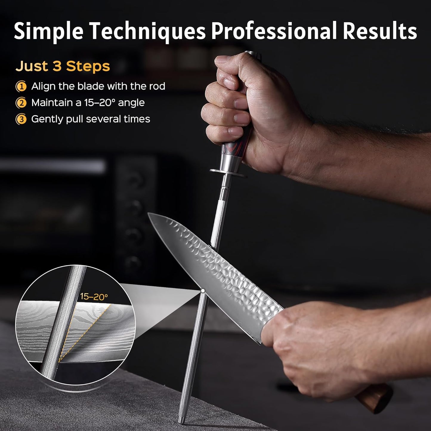 Honing Rod, Knife Sharpener Rod 10 inch, Professional Kitchen Knife Sharpener, High Carbon Knife Sharpening Steel with Ergonomic Pakkawood Handle, Honing Steel for All Chef Knives