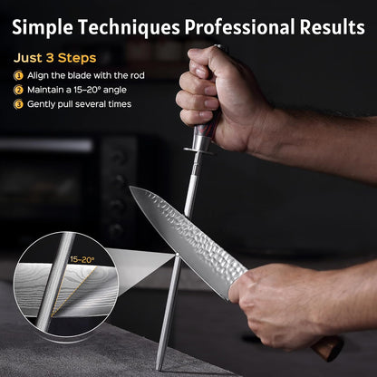 Honing Rod, Knife Sharpener Rod 10 inch, Professional Kitchen Knife Sharpener, High Carbon Knife Sharpening Steel with Ergonomic Pakkawood Handle, Honing Steel for All Chef Knives