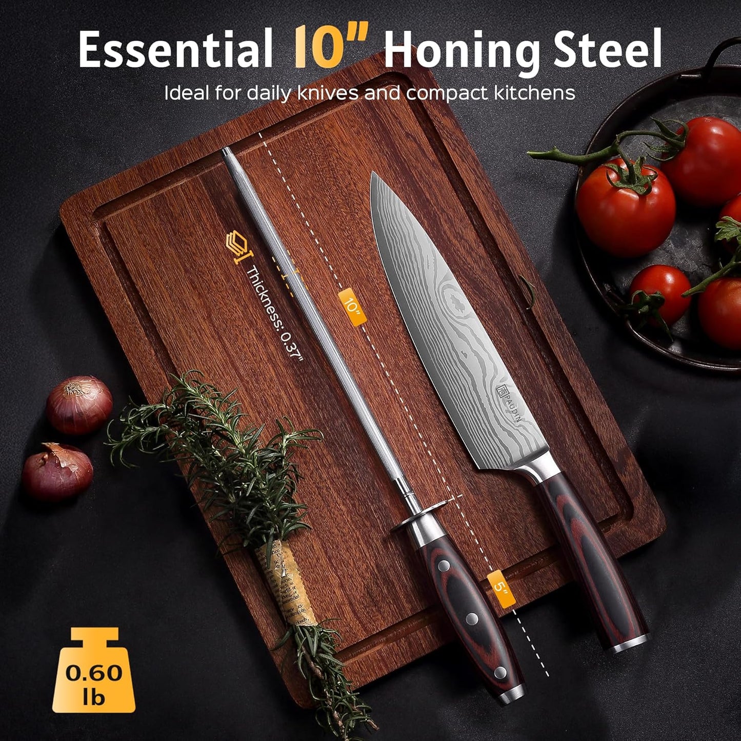 Honing Rod, Knife Sharpener Rod 10 inch, Professional Kitchen Knife Sharpener, High Carbon Knife Sharpening Steel with Ergonomic Pakkawood Handle, Honing Steel for All Chef Knives