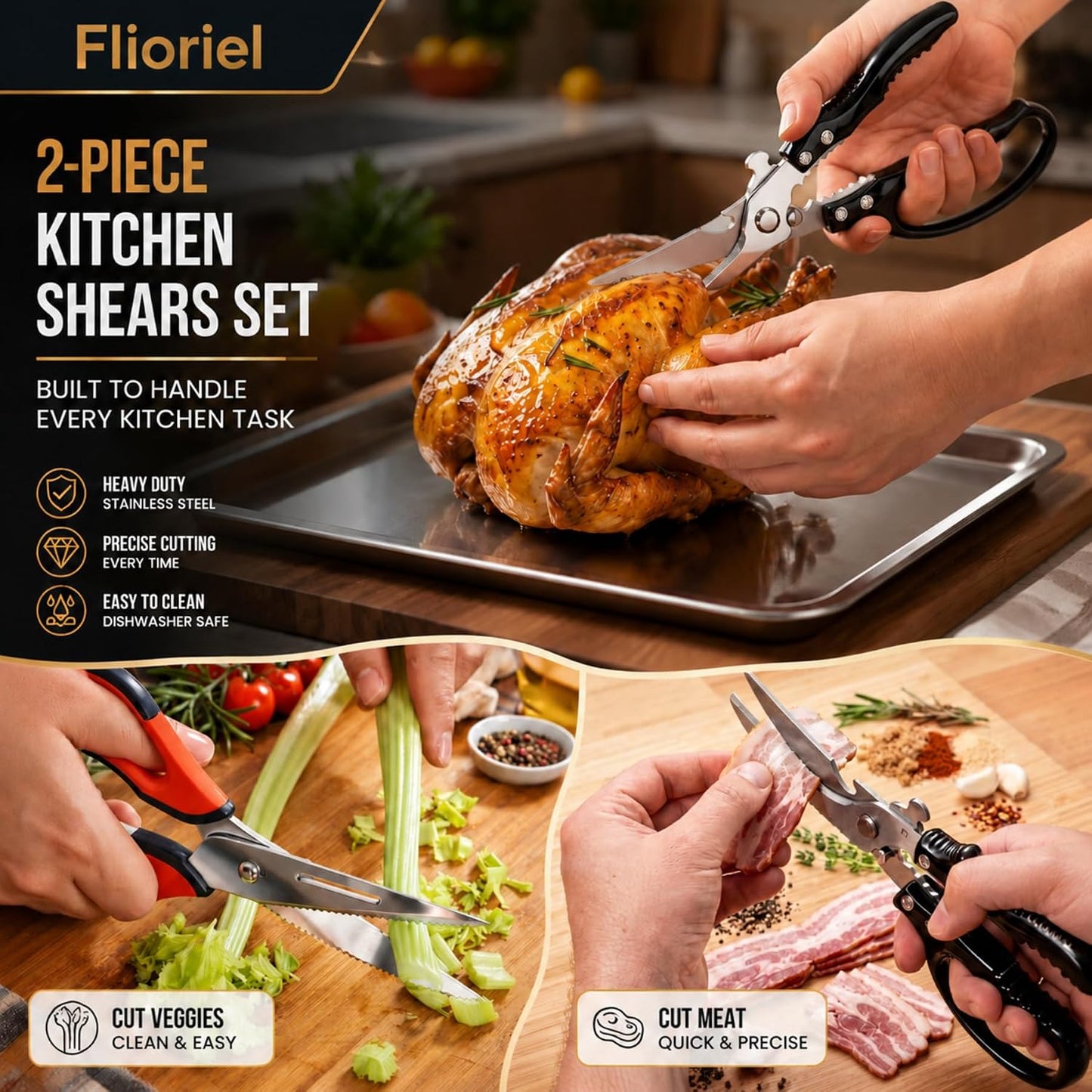 Kitchen Shears Heavy Duty Stainless Steel Cooking Scissors 2 Pack | Ultra Sharp Stainless Steel Cuts Meat Chicken Bones Vegetables Durable Heavy Duty Multi Function Kitchen Cooking Scissors Set