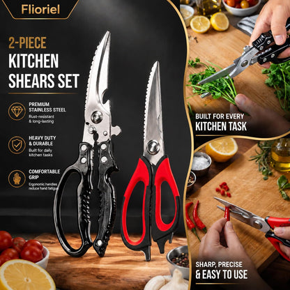 Kitchen Shears Heavy Duty Stainless Steel Cooking Scissors 2 Pack | Ultra Sharp Stainless Steel Cuts Meat Chicken Bones Vegetables Durable Heavy Duty Multi Function Kitchen Cooking Scissors Set