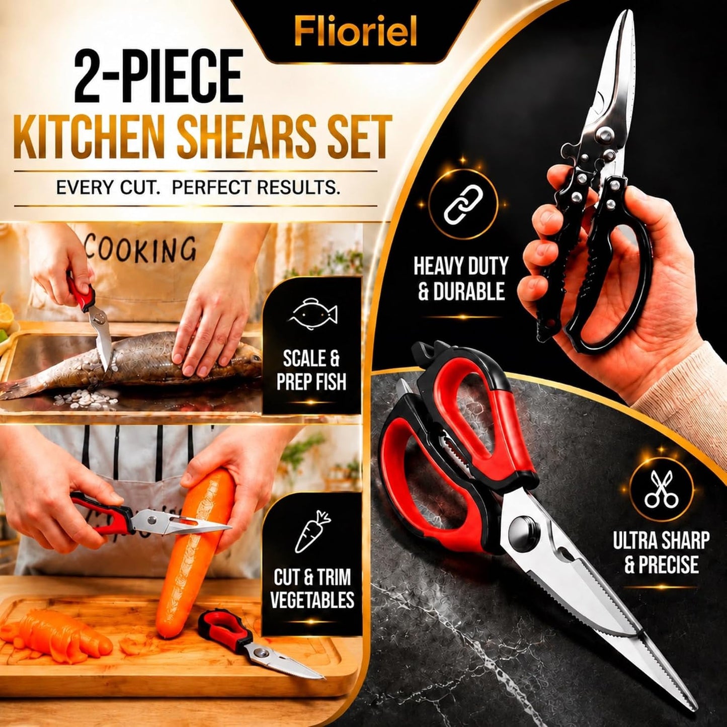 Kitchen Shears Heavy Duty Stainless Steel Cooking Scissors 2 Pack | Ultra Sharp Stainless Steel Cuts Meat Chicken Bones Vegetables Durable Heavy Duty Multi Function Kitchen Cooking Scissors Set