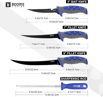 Fillet Knife Set: 5" Bait Knife, 7" & 9" Filet Knives with Sharpening Steel and Storage Case - Non-Slip Handles, Vented Sheaths for Saltwater & Freshwater - Ideal Fishing Gift for Men
