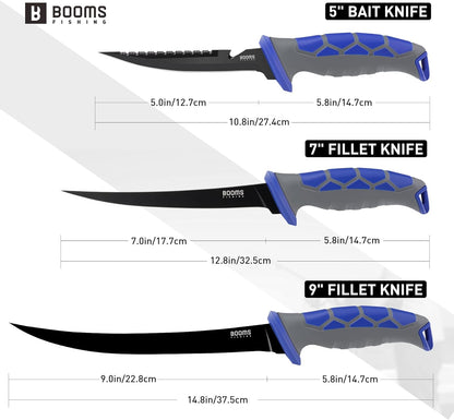 Fillet Knife Set: 5" Bait Knife, 7" & 9" Filet Knives with Sharpening Steel and Storage Case - Non-Slip Handles, Vented Sheaths for Saltwater & Freshwater - Ideal Fishing Gift for Men