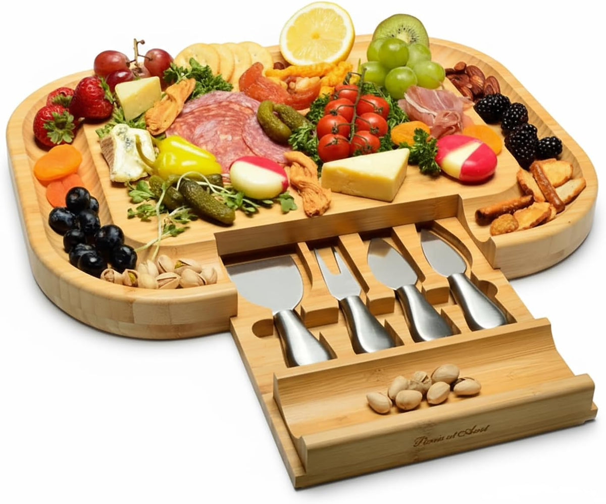 The "Original" Malvern Deluxe Bamboo Cheese Board with Cracker Groove & Integrated Drawer with Stainless Steel Cheese Knife Set - Designed & Quality Assured in the USA