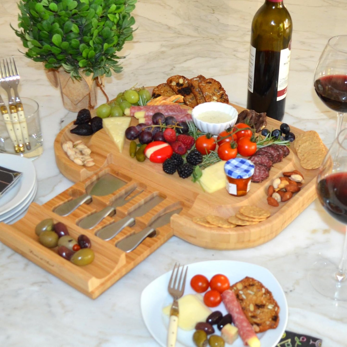 The "Original" Malvern Deluxe Bamboo Cheese Board with Cracker Groove & Integrated Drawer with Stainless Steel Cheese Knife Set - Designed & Quality Assured in the USA