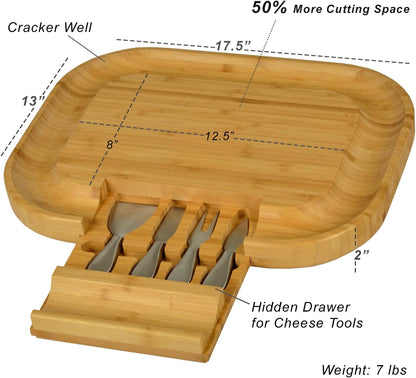 The "Original" Malvern Deluxe Bamboo Cheese Board with Cracker Groove & Integrated Drawer with Stainless Steel Cheese Knife Set - Designed & Quality Assured in the USA