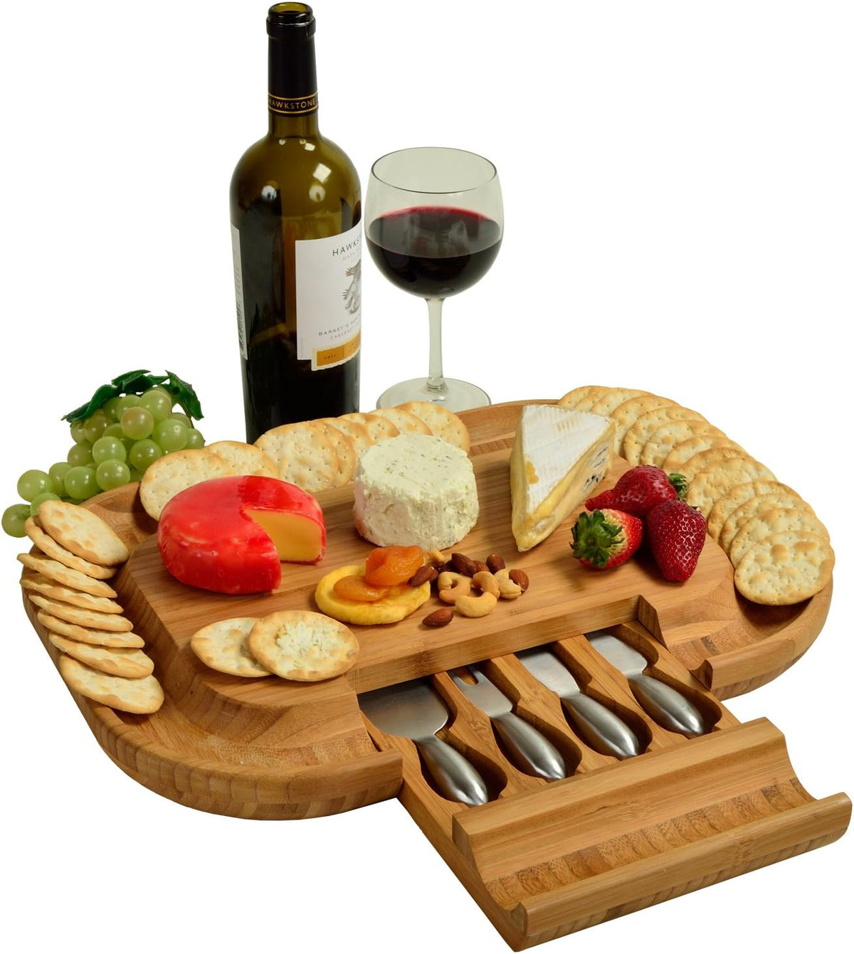 The "Original" Malvern Deluxe Bamboo Cheese Board with Cracker Groove & Integrated Drawer with Stainless Steel Cheese Knife Set - Designed & Quality Assured in the USA