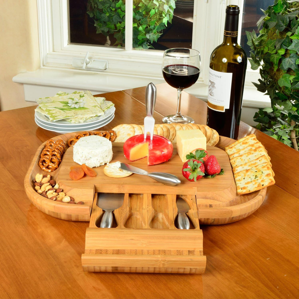 The "Original" Malvern Deluxe Bamboo Cheese Board with Cracker Groove & Integrated Drawer with Stainless Steel Cheese Knife Set - Designed & Quality Assured in the USA