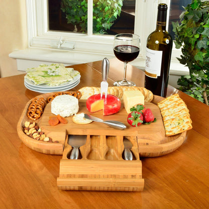 The "Original" Malvern Deluxe Bamboo Cheese Board with Cracker Groove & Integrated Drawer with Stainless Steel Cheese Knife Set - Designed & Quality Assured in the USA