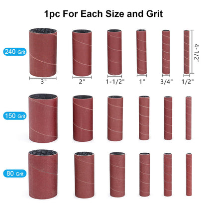 19 Pack Spindle Sander Sleeves with Rubber Eraser, 4-1/2’’ Length, 1/2’’, 3/4’’, 1’’, 1-1/2’’, 2’’, 3’’ Diameter Sanding Sleeves Set, Grit 80, 150, 240,for Spindle Drum Sanders