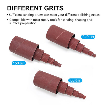 19 Pack Spindle Sander Sleeves with Rubber Eraser, 4-1/2’’ Length, 1/2’’, 3/4’’, 1’’, 1-1/2’’, 2’’, 3’’ Diameter Sanding Sleeves Set, Grit 80, 150, 240,for Spindle Drum Sanders