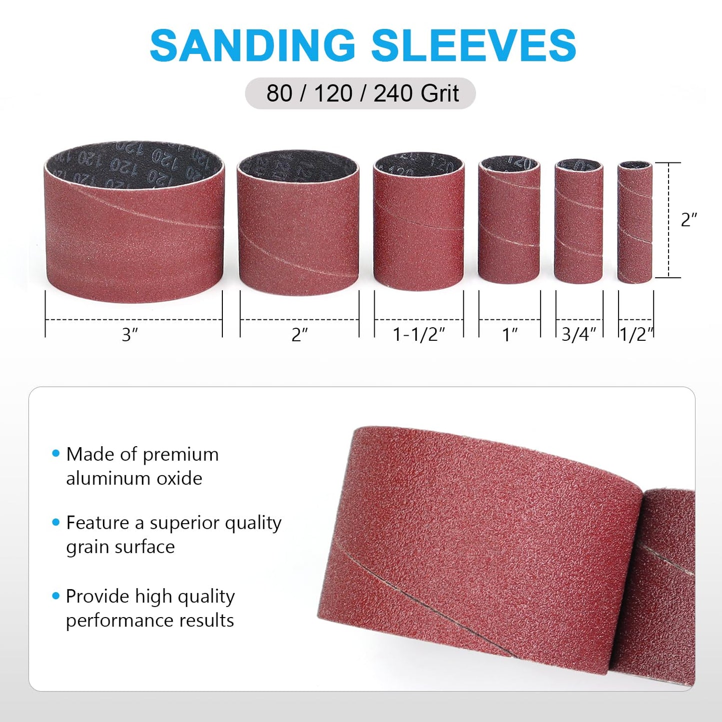 19 Pack Spindle Sander Sleeves with Rubber Eraser, 4-1/2’’ Length, 1/2’’, 3/4’’, 1’’, 1-1/2’’, 2’’, 3’’ Diameter Sanding Sleeves Set, Grit 80, 150, 240,for Spindle Drum Sanders