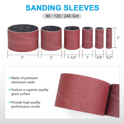 19 Pack Spindle Sander Sleeves with Rubber Eraser, 4-1/2’’ Length, 1/2’’, 3/4’’, 1’’, 1-1/2’’, 2’’, 3’’ Diameter Sanding Sleeves Set, Grit 80, 150, 240,for Spindle Drum Sanders