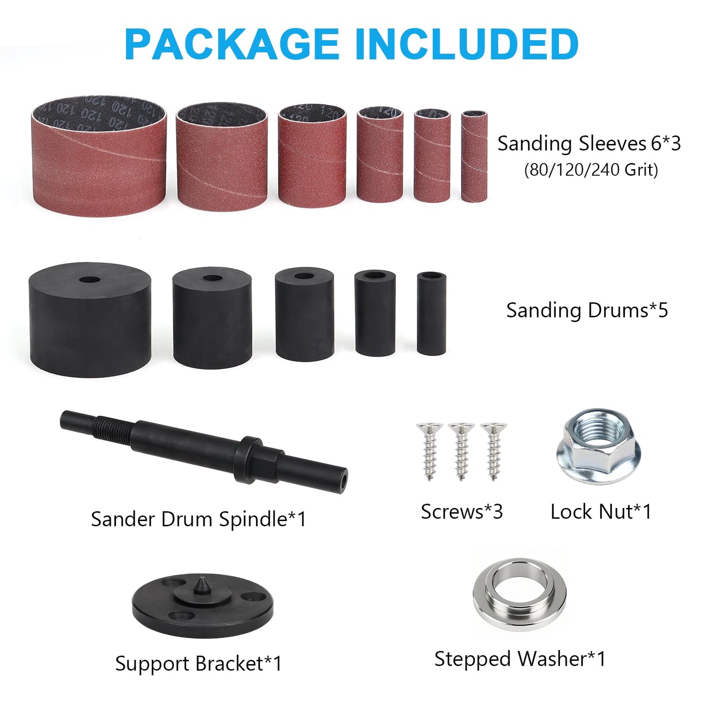 19 Pack Spindle Sander Sleeves with Rubber Eraser, 4-1/2’’ Length, 1/2’’, 3/4’’, 1’’, 1-1/2’’, 2’’, 3’’ Diameter Sanding Sleeves Set, Grit 80, 150, 240,for Spindle Drum Sanders