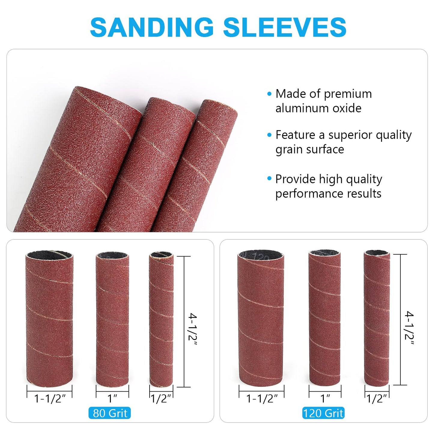 19 Pack Spindle Sander Sleeves with Rubber Eraser, 4-1/2’’ Length, 1/2’’, 3/4’’, 1’’, 1-1/2’’, 2’’, 3’’ Diameter Sanding Sleeves Set, Grit 80, 150, 240,for Spindle Drum Sanders