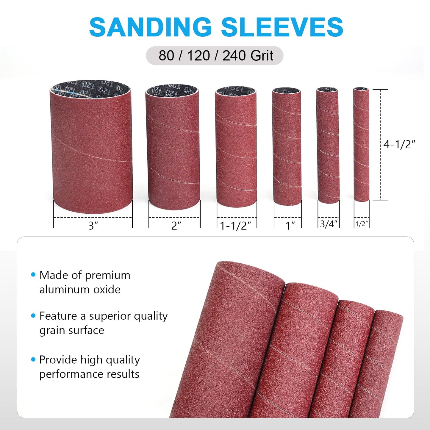 19 Pack Spindle Sander Sleeves with Rubber Eraser, 4-1/2’’ Length, 1/2’’, 3/4’’, 1’’, 1-1/2’’, 2’’, 3’’ Diameter Sanding Sleeves Set, Grit 80, 150, 240,for Spindle Drum Sanders