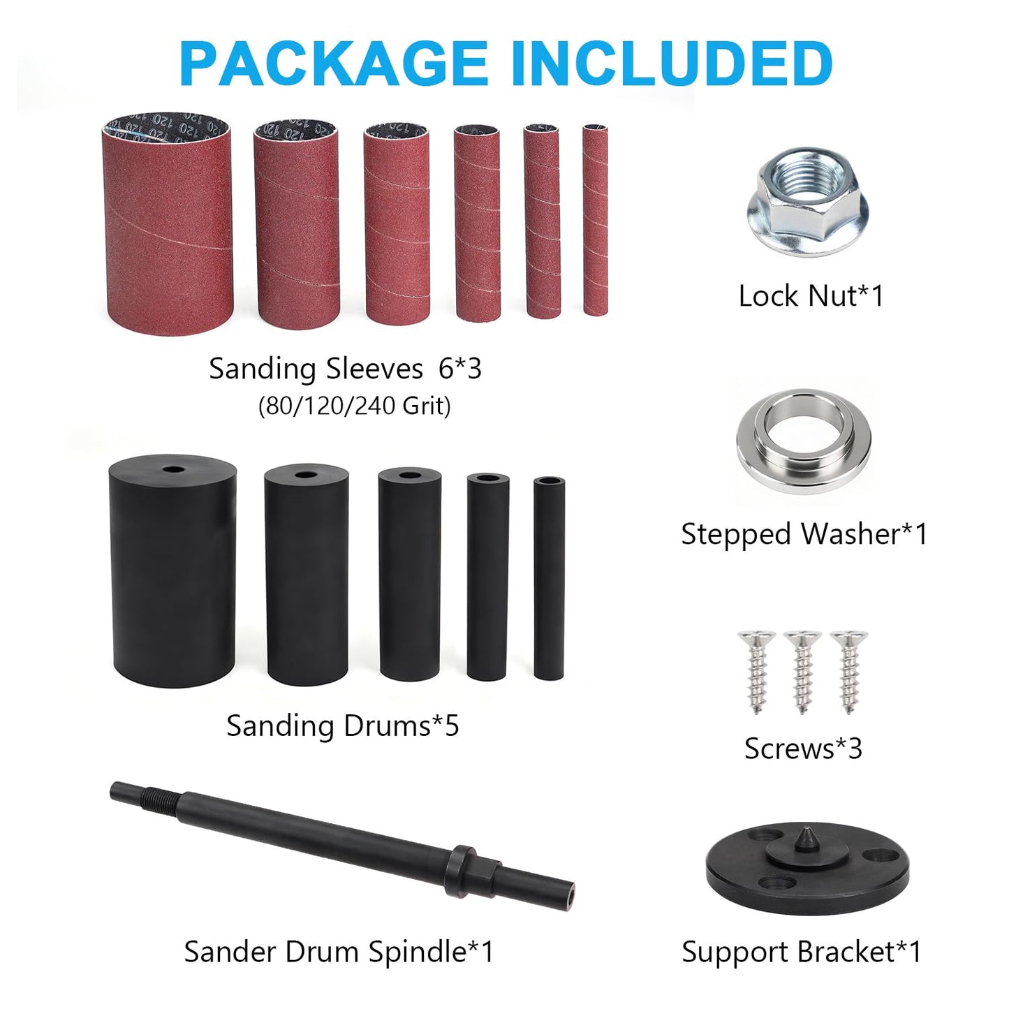 19 Pack Spindle Sander Sleeves with Rubber Eraser, 4-1/2’’ Length, 1/2’’, 3/4’’, 1’’, 1-1/2’’, 2’’, 3’’ Diameter Sanding Sleeves Set, Grit 80, 150, 240,for Spindle Drum Sanders