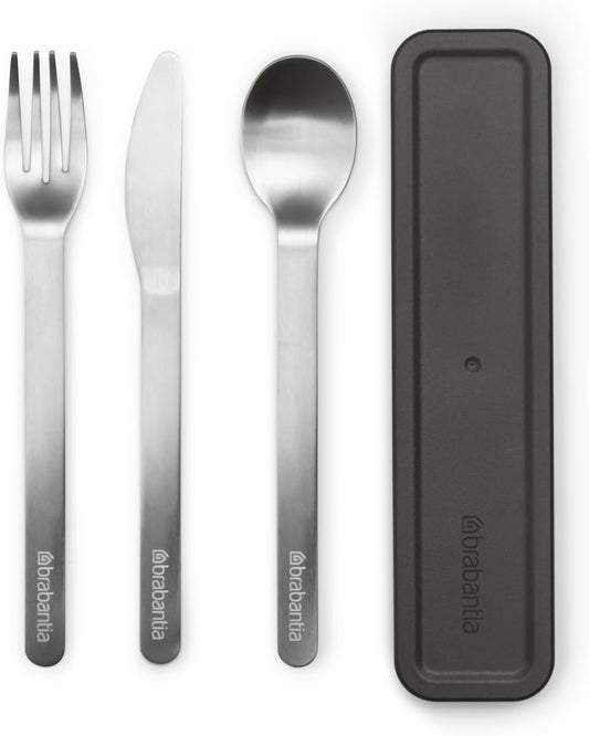 Make & Take Cutlery Set with Case - Pack of 3: Cutlery Knife, Spoon, & Fork - Hygienic Compact Design - Stainless Steel - Dishwasher Safe - Travel Cutlery Set for 1 Person - Black