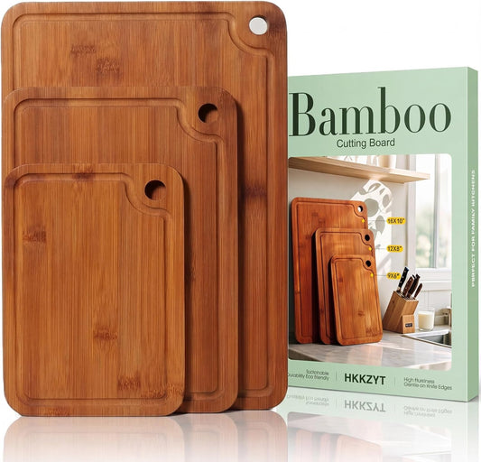 Deep-Carbonized Wood Cutting Board Set, 3 Pack Bamboo Chopping Boards for Kitchen with Side Handles, Charcuterie Board Juice Groove Knife-Friendly for Heavy Duty