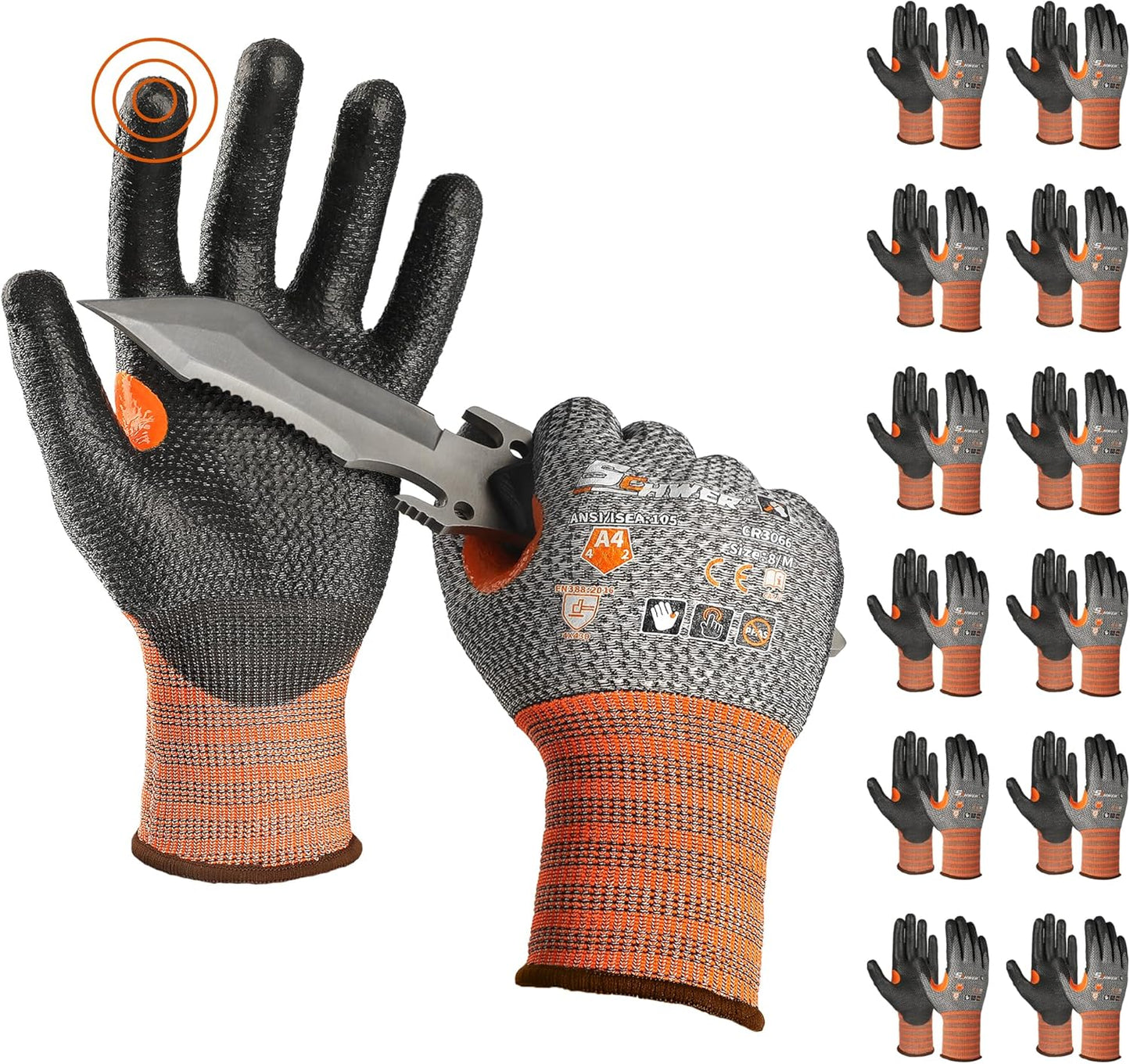 12 Pairs Cut Resistant Work Gloves, Non-PFAS, CR3066 ANSI A4 Cut Proof Gloves PU Coated, Touch-Screen, Non Slip, Reinforced Thumb, Wire & Fiberglass Free, Working Gloves for Woodworking, L