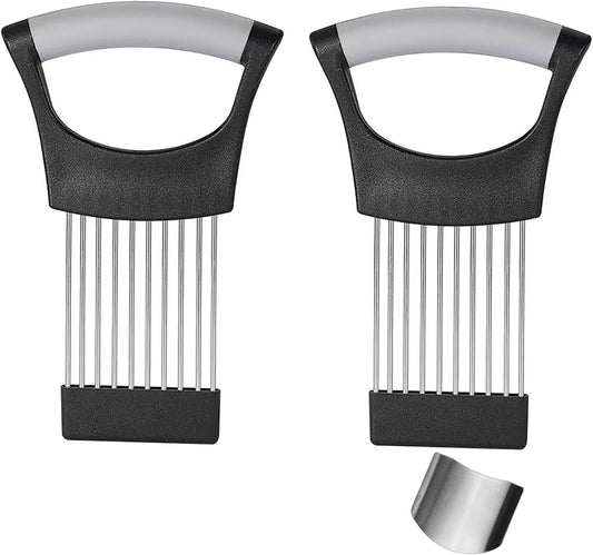 Onion Holder 2Pcs Onion Slicer, Onion Cutter with Protective Cover for Slicing of Fruits and Other Vegetables, Multi-Purpose Kitchen Accessory, Stainless Steel, with Finger Guards for Cutting Food