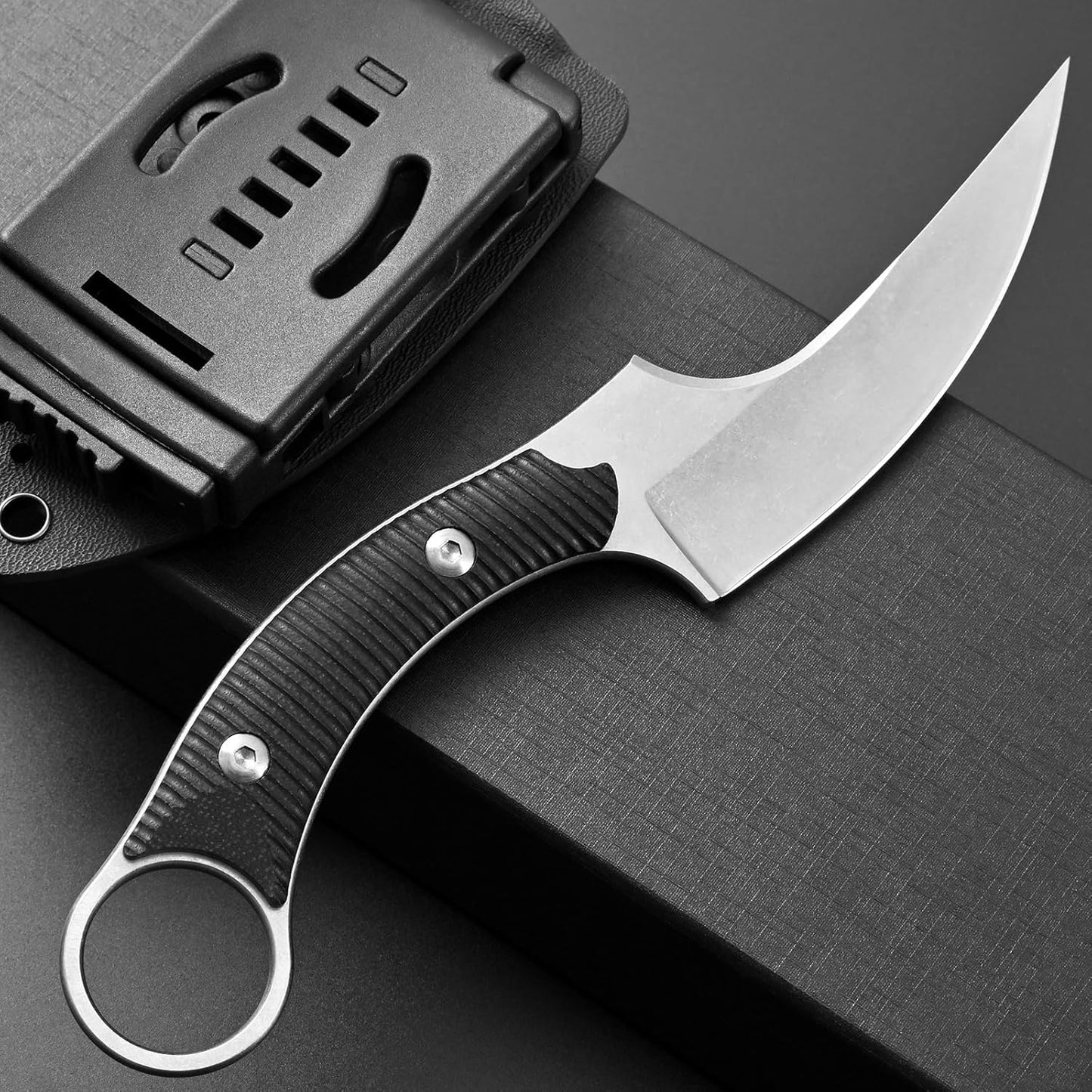 Ccanku C1490 Fixed Blade Knives 8 Inch Claw Knife D2 Blade Steel & G10 Handle Outdoor EDC Knife Suitable for Outdoor, Survival, Bushcraft with K Sheath(Black)