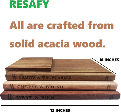 Resafy Book Cutting Board Set of 3,Acacia Wooden Serving Boards for Kitchen
