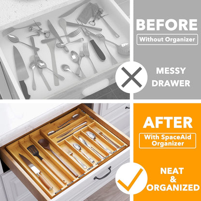 Bamboo Silverware Drawer Organizer with Labels, Kitchen Utensil Expandable Tray Holder Organizer for Flatware, Cutlery, Spoon and Knives Drawer Storage Organization (Natural, 10 Slots)