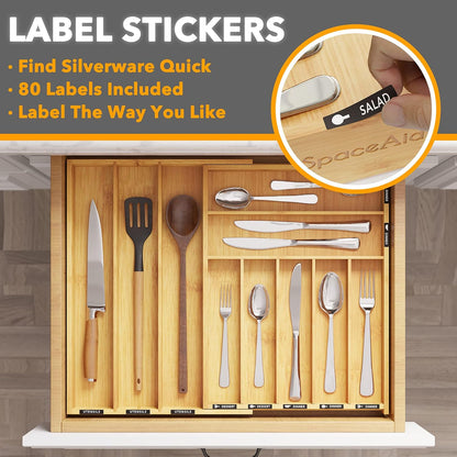 Bamboo Silverware Drawer Organizer with Labels, Kitchen Utensil Expandable Tray Holder Organizer for Flatware, Cutlery, Spoon and Knives Drawer Storage Organization (Natural, 10 Slots)