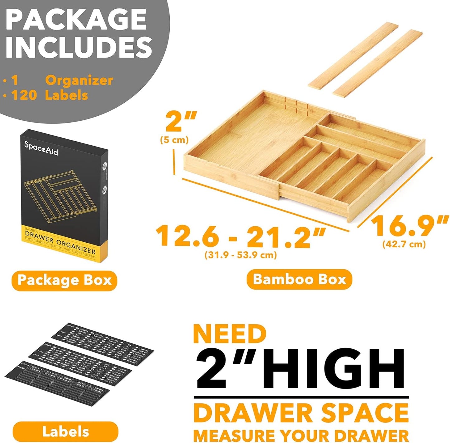 Bamboo Silverware Drawer Organizer with Labels, Kitchen Utensil Expandable Tray Holder Organizer for Flatware, Cutlery, Spoon and Knives Drawer Storage Organization (Natural, 10 Slots)