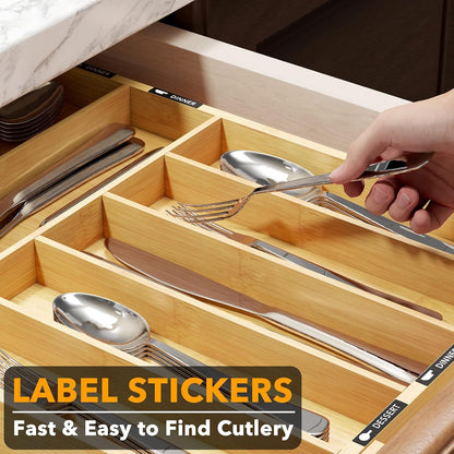 Bamboo Silverware Drawer Organizer with Labels, Kitchen Utensil Expandable Tray Holder Organizer for Flatware, Cutlery, Spoon and Knives Drawer Storage Organization (Natural, 10 Slots)