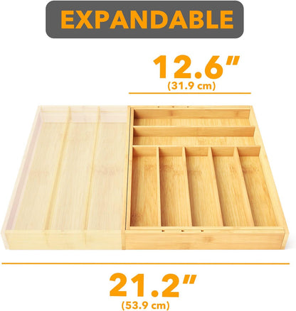 Bamboo Silverware Drawer Organizer with Labels, Kitchen Utensil Expandable Tray Holder Organizer for Flatware, Cutlery, Spoon and Knives Drawer Storage Organization (Natural, 10 Slots)