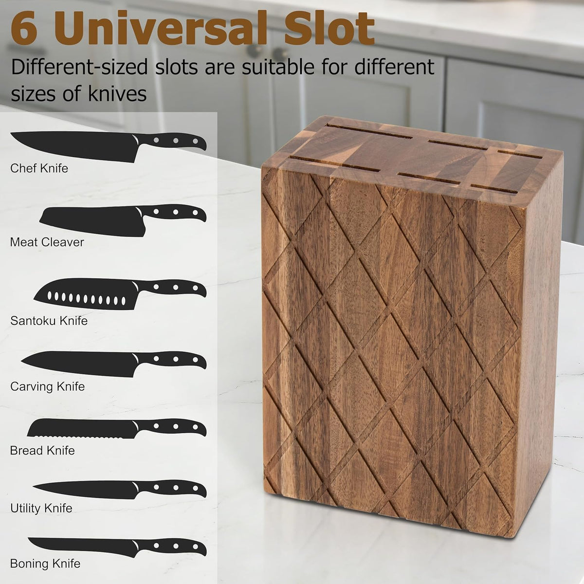 Universal Knife Block,6 Slot Acacia Wood Kitchen Knife Holder,Well Made Elegant Knives Storage Organizer for Countertop
