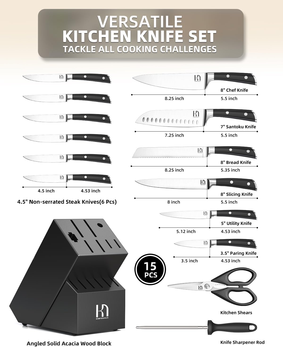 KnifeSaga Knife Set 15 Pcs High Carbon Stainless Steel Kitchen Knife Sets with Block & Sharpener, Premium Razor-Sharp Black Knives Block Set for Kitchen, Ergonomic Full-Tang Handle