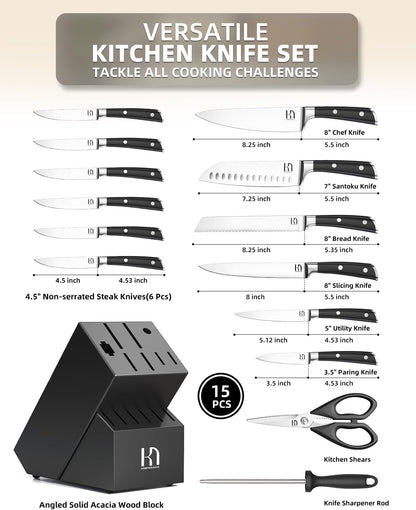 KnifeSaga Knife Set 15 Pcs High Carbon Stainless Steel Kitchen Knife Sets with Block & Sharpener, Premium Razor-Sharp Black Knives Block Set for Kitchen, Ergonomic Full-Tang Handle